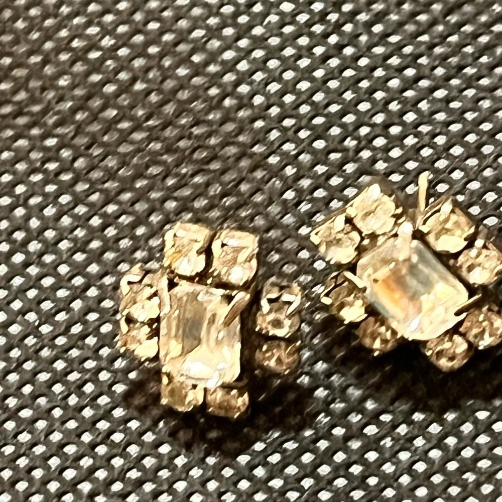 Vintage Clear Crystal Emerald Cut Rhinestone Pierced Stud Earrings MCM Retro